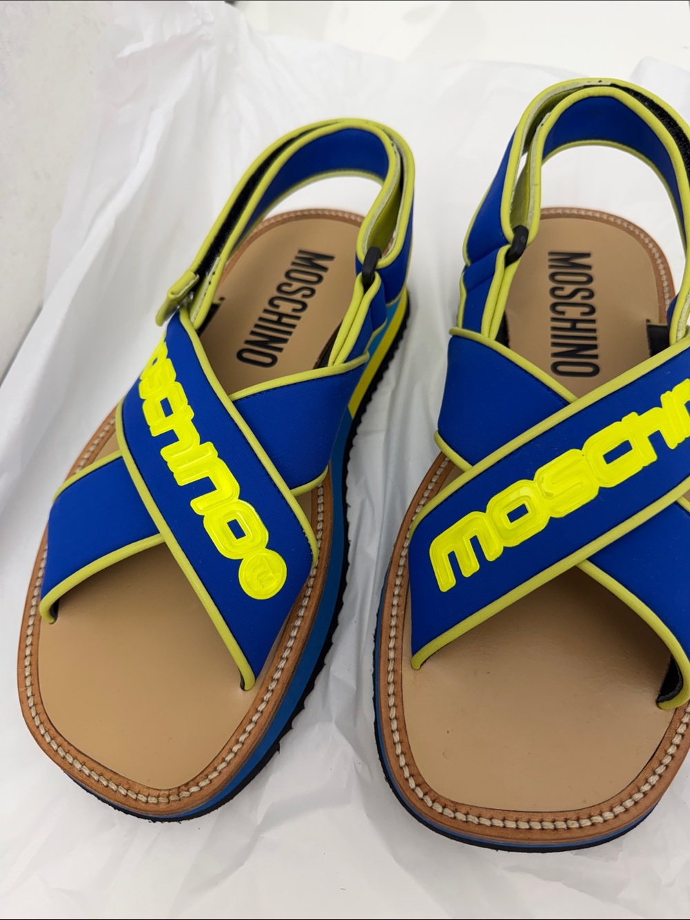 Moschino men Royal Blue & Neon Yellow Logo Cross-Strap Sandals